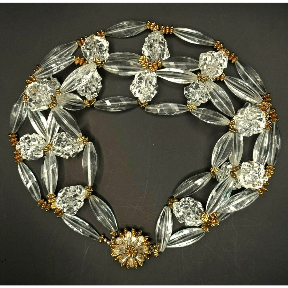 Vintage Rare Stunning Clear Faceted Lucite Beaded Necklace Goldtone Beads